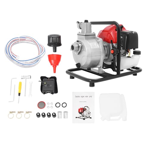 Motopompe Thermique 2 Temps, Pompe à Eau Thermique, Pompe à Eau à Essence Pour Piscine Et Bassin, Auto-AmorçAge, Hauteur De Refoulement 30m, Avec 2m Tuyau...