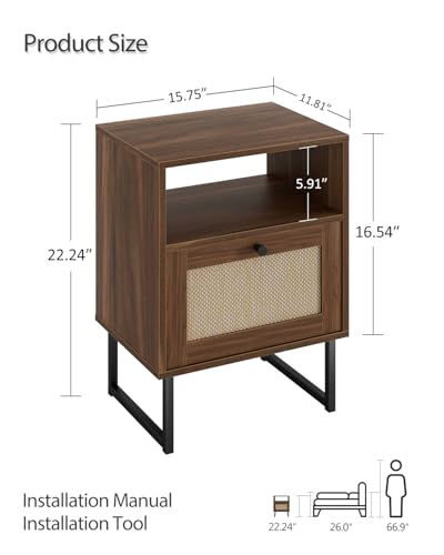 Image of Masupu Rattan Nightstand,Modern Boho Farmhouse Wood Bedside Table with Storage Drawer and Open Shelf,Small Black Frame Side End Table for Bedroom,Living Room,Office (Walnut)
