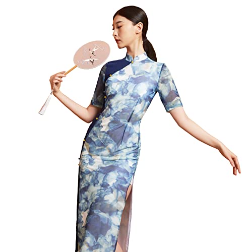 ROYAL SMEELA Cheongsam Qipao Mujer Vestido de Fiesta Vestido Cheongsam Azul Cheongsam Impreso Manga Corta Vestidos Tradicional China para Mujer Vestido Estilo Chino Oriental impresión Vestido Qipao