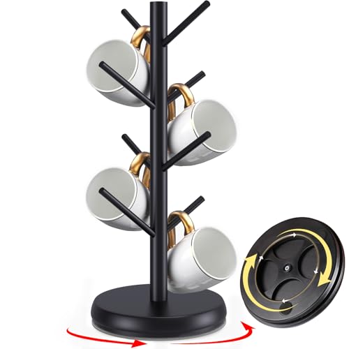 ZYZWTG Mug Holder Tree,New Upgraded 360° Rotated 8 Hooks Coffee Cup Holder for Counter,Sustainable Wood Mug Rack Standing for Coffee Bar Accessories and Organizer Station(Black)