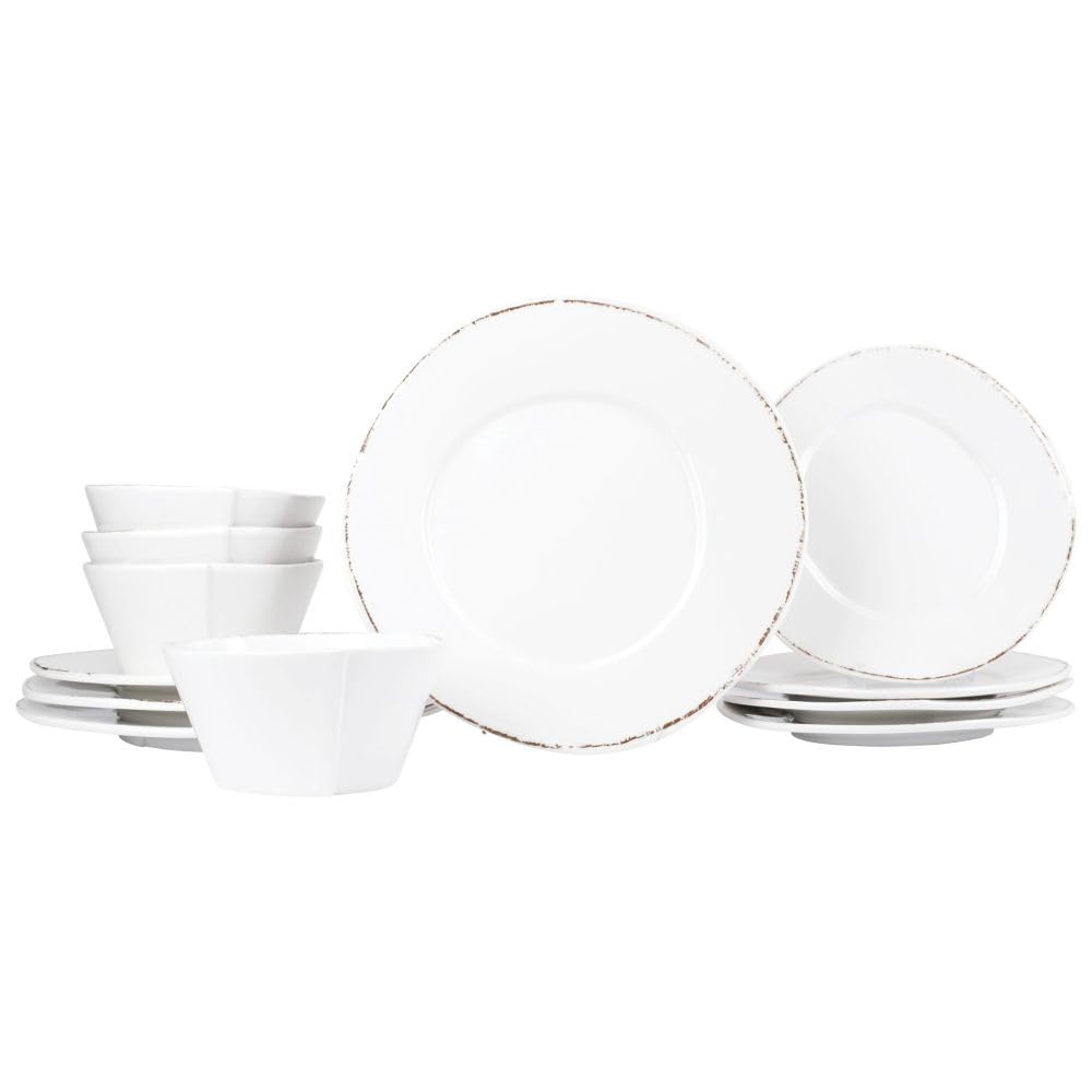 Vietri Melamine Lastra White 12-Pc Unbreakable Dinnerware Set with Pasta Bowls & Dinner Plates