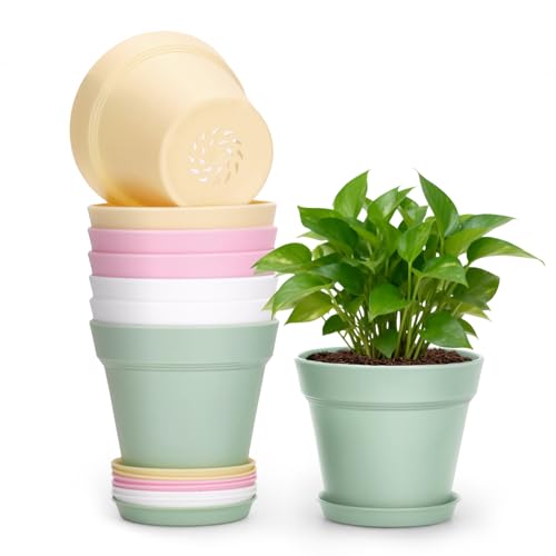 KINGLAKE 8 Pièces 10CM Pots Plastique Plantes Petite, Cache Pot Interieur Exterieur, Pot de Fleur Décoratifs Modernes, avec Plateaux et Trou de Drainage, pour Semis,...