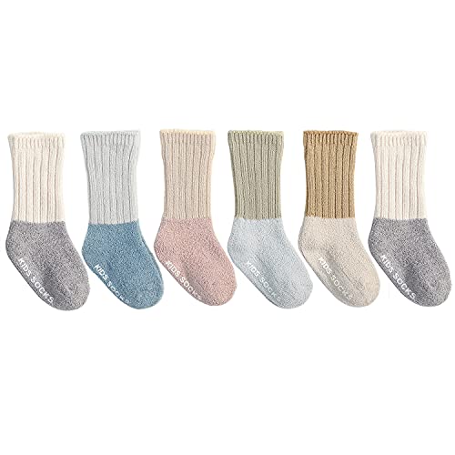 Belsmi Paquete de 6 calcetines de bebé Aniti Slip rodilla alta calcetín grueso cálido invierno calcetines (Estilo E, 12 -24 Meses)