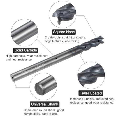 Image of uxcell Carbide Square End Mill, 1 /8 inch Diameter TiAlN Coated 4 Flutes Milling Bit Cutter, for Hardened Steel Stainless Steel Alloy Metal, 1 /8 inch Shank 3 /8 inch Cut Length 1-1 /2 inch Long HRC50
