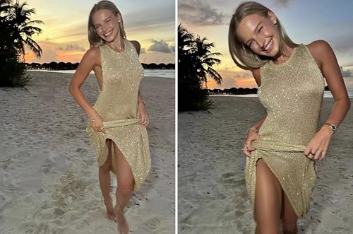 BOLLEY JOSS Women Glitter Crochet Knit Midi Dress Open Back Long Dress Beach Cover Up Sexy Shiny Sequin Backless Sundresses2