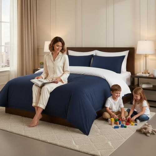 Image of Duvet Cover Single Size Bed (60x92 Inch) 1 Duvet Cover + 4 Pillow Covers with Zipper 600 TC Cotton Reversible Luxurious Quilt, Comforter, Rajai, Blanket Cover (White /Navy Blue)