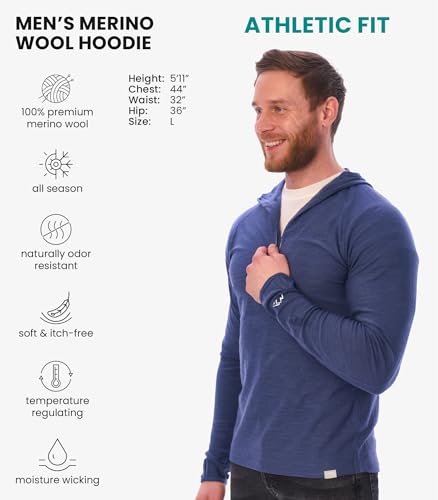 Image of Merino.tech 100% Merino Wool Hoodie Men - Slim Fit Merino Wool Base Layer Mens Half Zip Thermal Long Sleeve Shirt and Socks