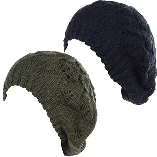 BYOS Winter Chic Warm Double Layer Leafy Cutout Crochet Chunky Knit Slouchy Beret Beanie Hat Solid