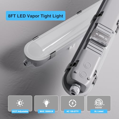 Image of 8FT LED Vapor Tight Light Fixture 2Pack,13000LM, 70W /80W /90W /100W Adjustable, 5CCT 6500K-3000K Color Selectable,ETL Listed,IP65 Waterproof Vapor Proof Light for Car Wash,Warehouse,Basement