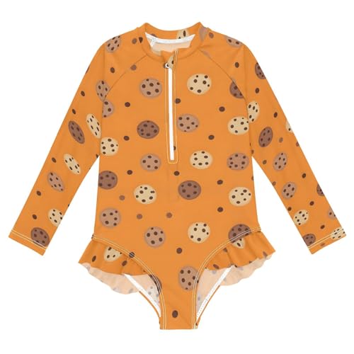 Cookie Pattern on Orange Girls Rash Guard Swimsuits Long Sleeve One Pieces Bathing Suit UPF 50+ Zipper Swimwear