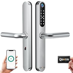 QUOYA D1 Smart Door Lock Handle, 75° Max turning angle, IP55 Waterproof, Keyless Keypad Entry, Slim Retrofit, Unlock Method (Fingerprint, RFID keycard, Pin/Passcode, App, Mechanical Key), (Silver)