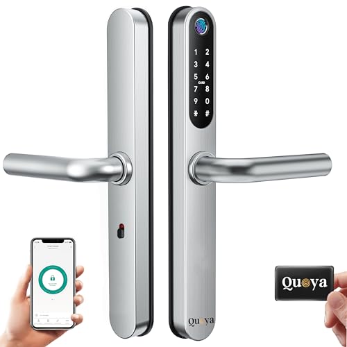 QUOYA D1 Smart Door Lock Handle, 75° Max turning angle, IP55 Waterproof, Keyless Keypad Entry, Slim Retrofit, Unlock Method (Fingerprint, RFID keycard, Pin/Passcode, App, Mechanical Key), (Silver)