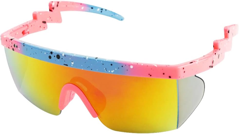 ShadyVEU Semi Rimless Neon Rainbow Sunglasses Mirrored Lens UV Protection 80s Retro Rave Shades Crooked ZigZag Bolt Arm