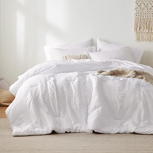 Bedsure White Queen Comforter Set - Bed in a Bag, 7 Pieces Striped Seersucker Bedding Set, Soft Lightweight Down Alternative Comforter, Queen