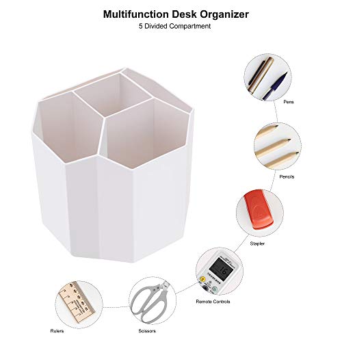 Siveit Desk Pencil Pen Holder, Rotating Pen Organizers 360-Degree 5 Grid Pen Holder for Desktop Storage Stationery Supplies Organizer, Home, Office, School, Kids, White - Image 4