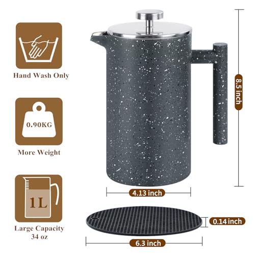 KOOYAT Cafetiere French Press Coffee Maker with Capacity of 1000ml / 8 Cup Double Walled Insulated Coffee Press for Ground Coffee at Home Travel Large Caffettiera Gift Set for Woman Man Marble Color - Image 2