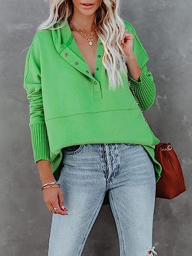 Zwurew Women Casual Henley Hoodie Pullover V Neck Oversize Sweatshirt With Pocket Green #TOP1