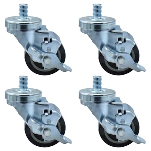 BK Resources 3 inch Threaded Stem Swivel Casters, 5/8"-13 x 1, Set of 4, NSF, Polyurethane Wheels, Top Lock Brake, 300lb Capacity, Resistant to Acids & Caustics, Double Ball Bearing Cover