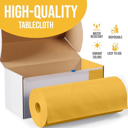 Image of Exquisite Party Solids 54 Inch X 100 Feet Yellow Plastic Table Cover Roll in A Cut - to - Size Box with Convenient Slide Cutter. Cuts Up to 12 Rectangle 8 Feet Plastic Disposable Tablecloths