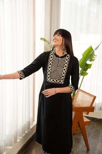 Image of Yashika Women's 3 /4 Sleeve Solid Black Color Kurti Pant Set, Cotton Blend, Knee Length, Stylish Ethnic Outfit for Daily Wear, Office, and Casual Occasions