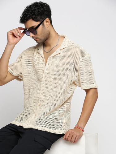 Image of SHOWOFFFF Men Solid Crochet Casual Shirt | Cuban Collar Half Sleeves Cotton Shirt for Mens | Relaxed Fit Regular Length Shirt for Men's