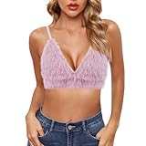 Vimoisa Women's Faux Fur Crop Top V Neck Triangle Tank Tops Spaghetti Strap Furry Backless Bralette for Dance Music Festival Concert Pink