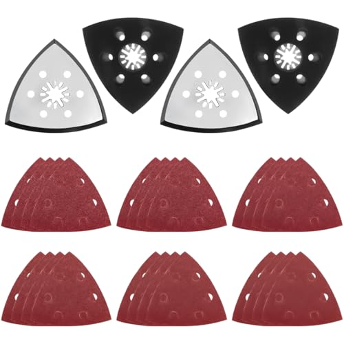 4 Pièces Patin Ponceuse Triangulaire, 88mm Plateau de Ponçage, Accessoire Outil Multifonction avec 24 Feuilles Abrasives (40/60/80/120/180/240) pour Bois, Métal, Plastique Dur, Ponçage, Dérouillage