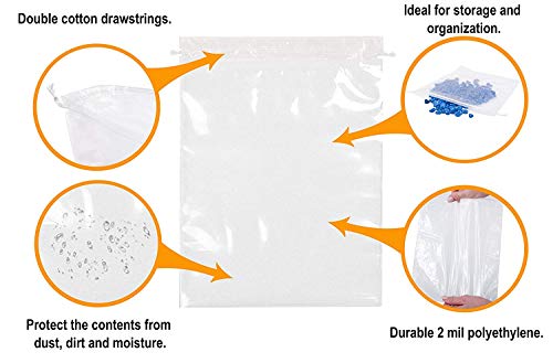 APQ Pack of 50 Clear Drawstring Bags 12 x 16. Clear Plastic Travel Bags 12x16. Thickness 2 mil. Travel Plastic Bags for Packing and Storing. Ideal for Industrial and Business Applications.