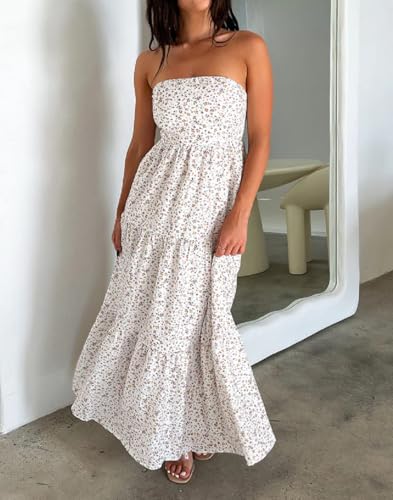 Image of Women Floral Print Maxi Tube Dress Strapless Flowy Long Bandeau Dress Y2K Open Back Sundress Summer Beachwear