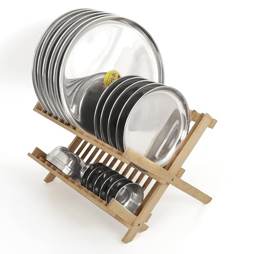 Image of HOKIPO Folding 2-Tier Bamboo Plate Stand, (NEW-AR-4)
