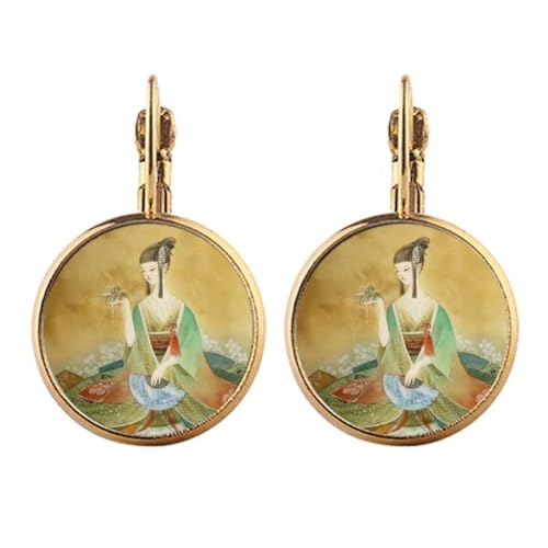 Boucles d'oreilles pendantes or avec estampe chinoise, cadeau idéal non percé