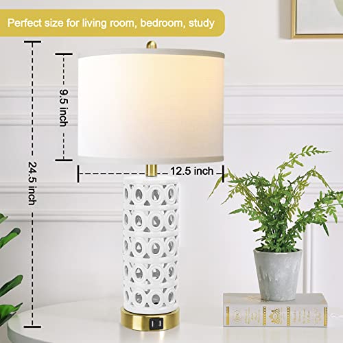 Qimh White Ceramic Table Lamp Set Of 2, Modern Bedside Nightstand Lamp For Living Room Bedroom Decor, 3 Way Dimmable Touch Control Led Light With Dual Usb, Linen Fabric Shade Farmhouse Lamps #TOP6