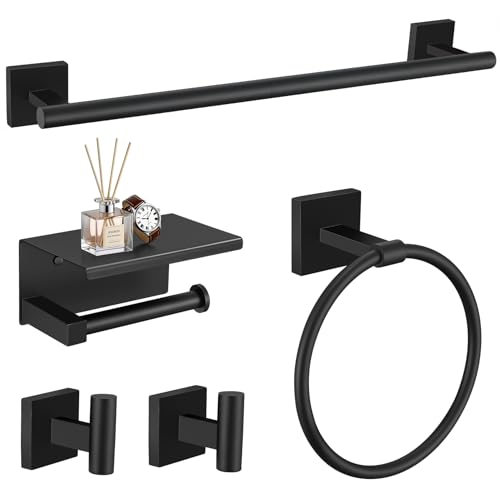 TURS 5-Pieces Matte Black Bathroom Hardware Set 23.6 Inch SUS304 Stainless Steel Towel Bar Set Wall Mounted Square Toilet Paper Holder with Shelf