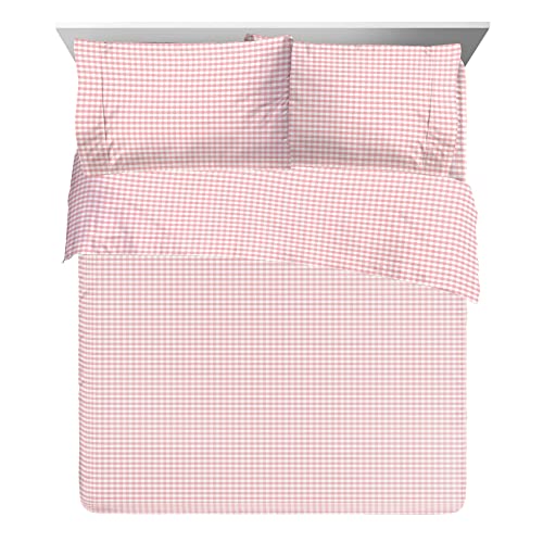 Saturday Park Pink Gingham Checkered Luxury Full Sheet Set - 100% Cotton Soft Bedsheets - Includes: Flat Sheet, Fitted Sheet + 2 Pillowcases - Oeko-Tex Certified #TOP1