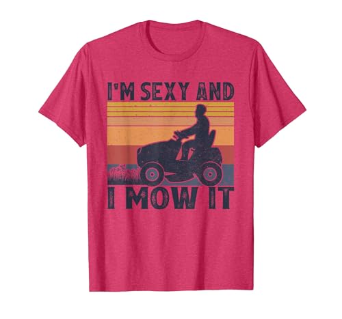 I'm Sexy and I Mow It Vintage Funny Riding Lawn Mower T-Shirt, Men, Red Heather, Medium