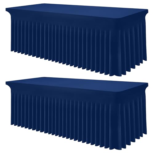 Image of Smiry 2 Pack Spandex Elastic Fitted Table Cloth Skirt for 8FT Table | Stretch Washable Table Cloth, Banquet Table Cover for Wedding, Party, Indoor & Trade Shows, (Navy, 96Lx30Wx30H)