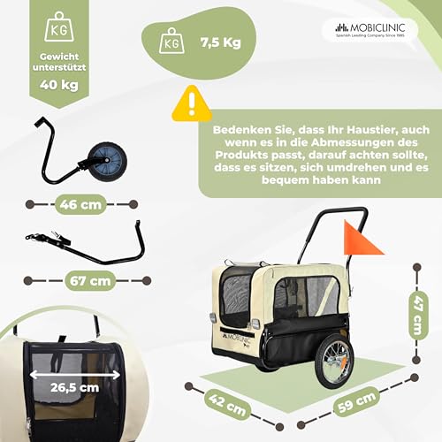 Mobiclinic®, Hundeanhänger für Fahrrad + Hundewagen, 2 in 1, Bis 40 kg, wasserdichte Abdeckung, 123x67x100 cm, Reflektoren & Fahne, 600D Oxford, Für Kleine und Mittelgroße Hunde