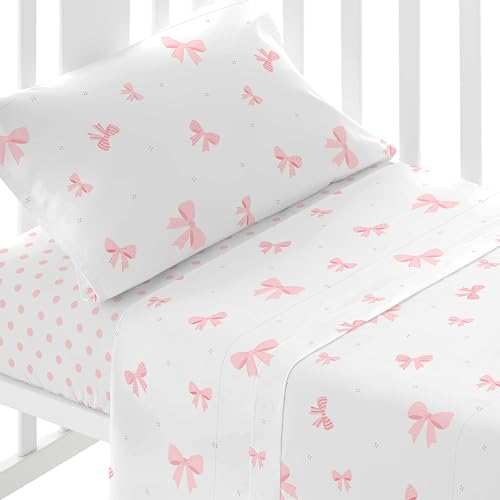 TRAMAS+ Juego de Sábanas para Cuna y Minicuna, Sábanas 100% Algodón Súper Suaves para Bebé, Ropa de Cama 3 Piezas Estampados Alegres - (Minicuna - 50x80 cm, Lazo Topito Rosa)