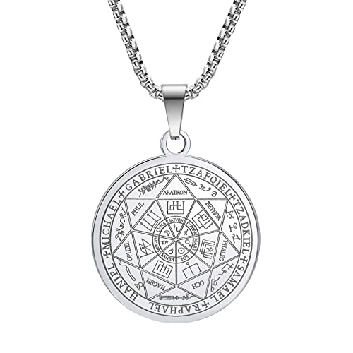 Yaumatea Seven Archangels Pendant Necklace For Men Women Protection Amulet Archangel Michael Coin Pendant Necklace Gabriel Uriel Spiritual Stainless Steel Medal Necklace 24 inches (Silver)