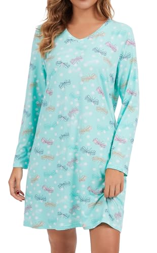 Image of Kabento 2 Pack Long Sleeve Nightgowns for Women Soft Cotton Night Gowns Sleepwear V Neck Nightshirts