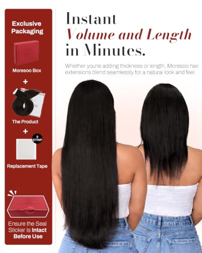 Image of Moresoo Darkest Brown Human Hair Extensions Tape in, 16in, 40Pcs, 100g | Tape hair extensions, Remy straight texture, espresso brown tone, higher density for layered blowouts and office wear