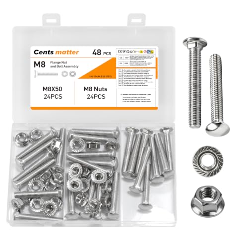 Image of 48 Pcs M8 Coach Bolts, M8 x 50mm Cup Square Carriage Bolts and Nuts Set, Stainless Steel Coach Screws with Hexagon Flange Nuts