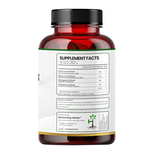 Image of Humming Herbs Olive Leaf & Fruit Extract 1200mg - Advanced Immune Support with Astragalus & Echinacea - Antioxidant-Rich Heart Health Formula