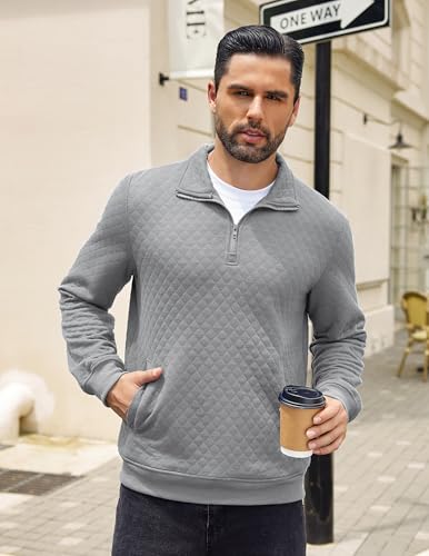 Coofandy Mens 1/4 Zip Pullover Casual Mock Neck Sweatshirts Long Sleeve Classic Waffle Pattern Sweatshirt Jackets Fall Fashion Polo Shirt Light Grey thumb #1