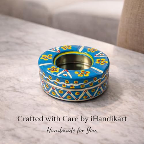 Image of iHandikart Handpainted Ash Tray 4x2 Inch | Metal Ashtray for Home, Table & Car Use | Multicolour Decorative Ashtray | Handmade Smoking Accessories for Indoor & Outdoor Use(Blue)