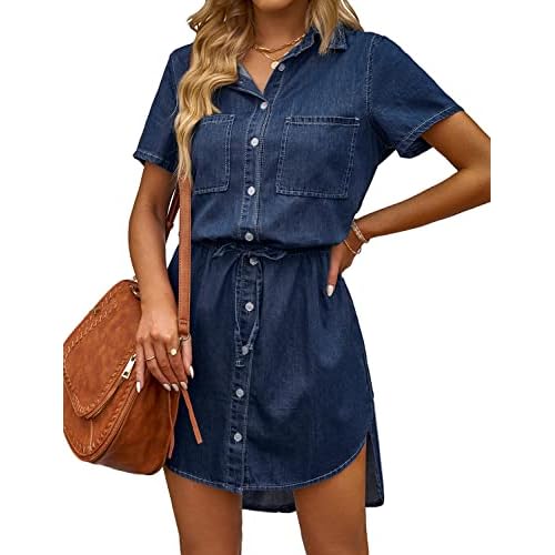 luvamia Women Casual Denim Dress Short Sleeve Tie Waist Classic Jean Shirt Dress Large A3 Dark Reflections