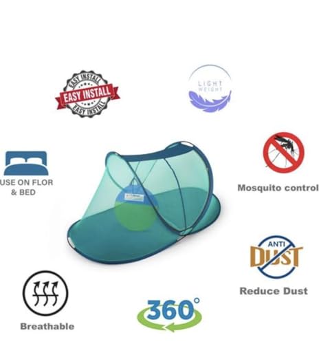 Image of Unique Handicraft Foldable Mosquito Net, Single Bed, Pop-Up Design, Teal Blue, 6.10 x 3.11 Feet