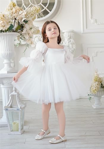 LalaMira Flower Girl Dress Puff Sleeve & Knee-Length Girl Dresses Tulle/Satin Tutu Dress for Wedding Birthday Party Daily