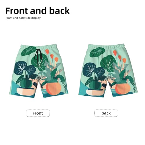 Indoor Cartoon Potted Green Plants X-Large Youth Beach Pants, Soft and Breathable, with Drawstring Waist, Suitable for Sports and Leisure.2