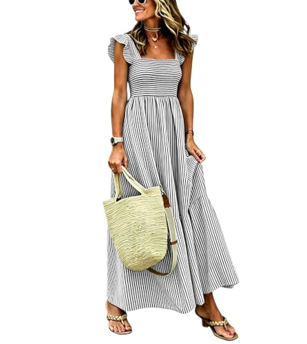 chouyatou Women's Retro Cotton Striped Smocked Long Dress Boho Spaghetti Strap Flounce Beach Sun Dress with Pockets (X-Small, Black)
